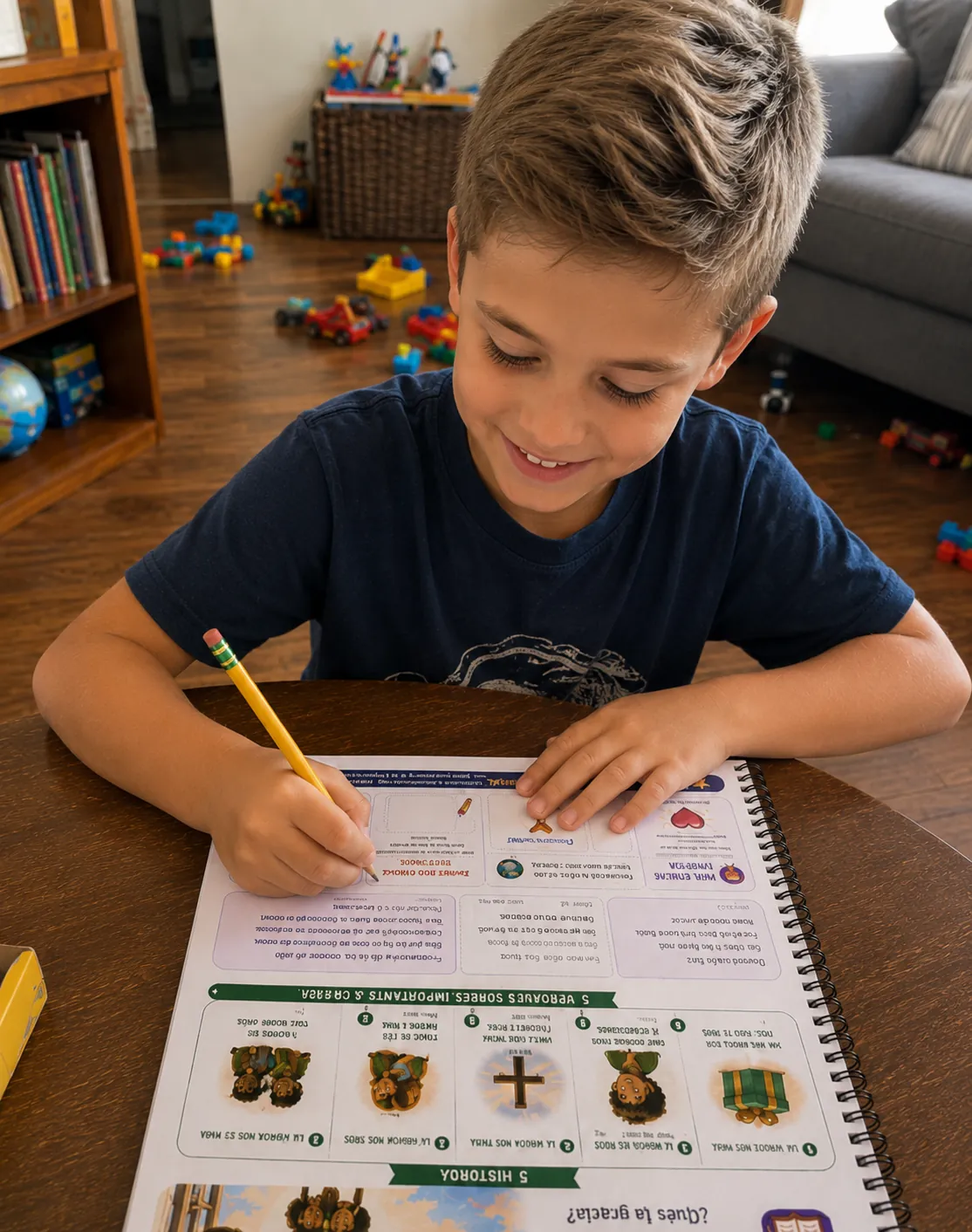 Boy completing a Faith Detectives workbook page at home