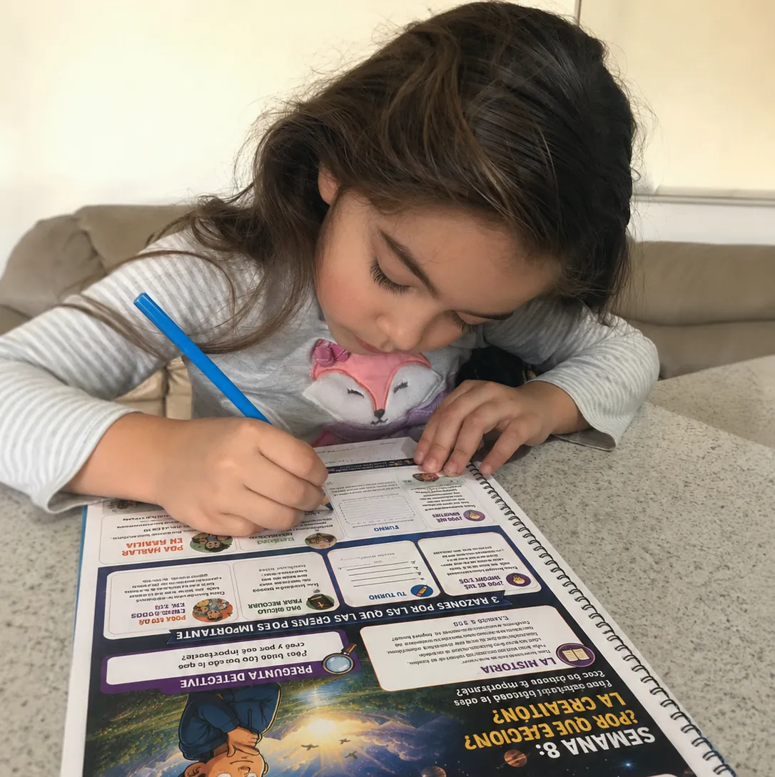 Girl writing answers in the Faith Detectives workbook