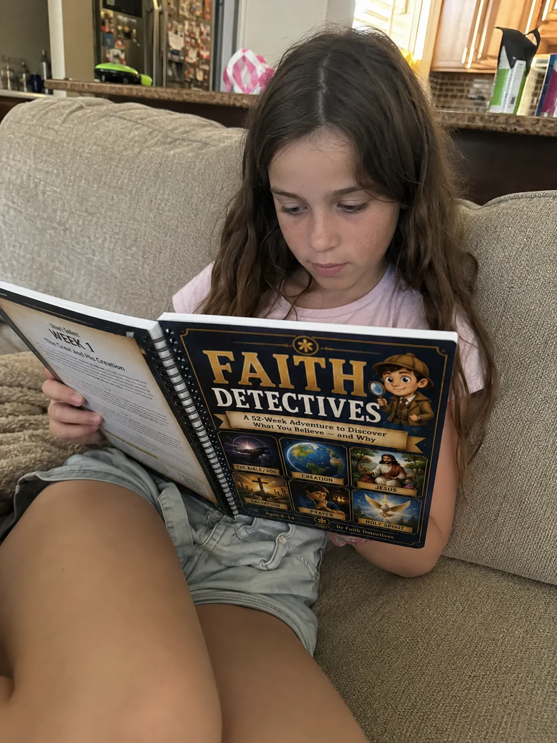 Girl reading the Faith Detectives book on the couch