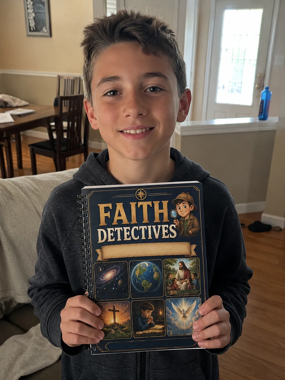 Caleb proudly holding his Faith Detectives workbook